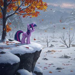 Size: 1280x1280 | Tagged: safe, artist:yesisthewest, imported from derpibooru, twilight sparkle, alicorn, pony, female, mare, snow, snowfall, solo, tree, twilight sparkle (alicorn)