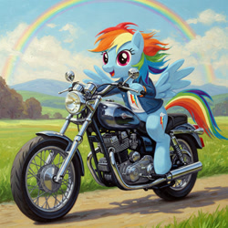 Size: 1280x1280 | Tagged: safe, artist:yesisthewest, imported from derpibooru, rainbow dash, pegasus, pony, female, mare, motorcycle, open mouth, open smile, rainbow, smiling, solo
