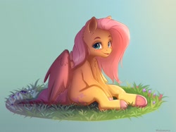 Size: 3364x2518 | Tagged: safe, artist:miokomata, imported from derpibooru, fluttershy, pegasus, pony, blushing, chest fluff, colored hooves, cute, ear fluff, freckles, freckleshy, frog (hoof), gradient background, grass, hooves, looking at you, open mouth, open smile, partially open wings, shyabetes, sitting, smiling, smiling at you, solo, underhoof, wings