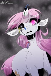 Size: 1384x2048 | Tagged: safe, artist:raljoy, imported from derpibooru, oc, oc only, oc:vulcan sylva, pony, robot, robot pony, unicorn, broken horn, crying, dark background, female, horn, looking at you, open mouth, pink mane, simple background, solo, solo female, unicorn oc, wires
