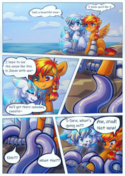Size: 2000x2828 | Tagged: safe, artist:chaosangeldesu, imported from derpibooru, oc, oc only, oc:darkria, oc:flaming hoof, fox, fox pony, hybrid, octopus, pegasus, pony, cloud, comic, commission, dialogue, looking at each other, looking at someone, ocean, paws, sky, smiling, smiling at each other, tentacles, water