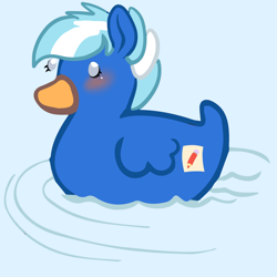 Size: 1000x1000 | Tagged: safe, artist:anykoe, imported from derpibooru, oc, oc:exobass, bird, duck, pony, behaving like a duck, blushing, commission, cute, female, gray eyes, quackerdorable, simple background, solo, water, ych result, your character here