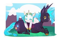 Size: 1280x865 | Tagged: safe, artist:raljoy, imported from derpibooru, oc, oc only, oc:adamas (raljoy), oc:vulcan sylva, changeling, pony, robot, robot pony, unicorn, cloud, crossed hooves, cutie mark, duo, duo male and female, eyes closed, female, grass, grass field, horn, hug, looking at you, lying down, male, mountain, prone, smiling, smiling at you