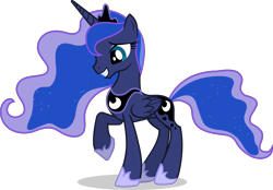 Size: 5455x3799 | Tagged: safe, imported from derpibooru, princess luna, alicorn, pony, luna eclipsed, .svg available, bipedal, crown, female, happy, hoof shoes, horn, jewelry, looking down, mare, my little pony, my little pony: trick or treat, official, peytral, playdate digital, princess shoes, raised hoof, raised leg, regalia, simple background, slender, smiling, solo, svg, thin, transparent background, vector, wings