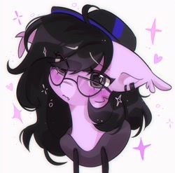 Size: 1906x1881 | Tagged: safe, artist:pledus, imported from derpibooru, oc, oc only, bat pony, pony, abstract background, bust, clothes, ear piercing, ear tufts, earring, eyebrows, eyebrows visible through hair, fangs, glasses, hat, hoodie, jewelry, piercing, portrait