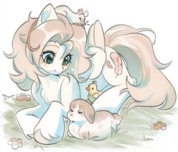 Size: 1200x1029 | Tagged: safe, artist:pledus, imported from derpibooru, oc, oc only, bird, duck, mouse, pegasus, pony, rabbit, animal, commission, female, lying down, mare, prone, solo, unshorn fetlocks
