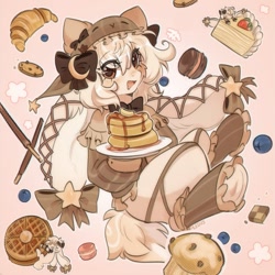 Size: 1200x1198 | Tagged: safe, artist:pledus, imported from derpibooru, biscuit, oc, oc only, hybrid, original species, pony, blueberry, bonnet, bowtie, bread, cake, clothes, cookie, croissant, female, food, leg warmers, macaron, mare, muffin, pancakes, plate, rabbit pony, solo, waffle