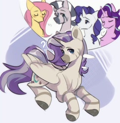 Size: 2258x2324 | Tagged: safe, artist:pledus, imported from derpibooru, oc, alicorn, hybrid, pegasus, pony, unicorn, zebra, zebra alicorn, blushing, fusion, fusion:fluttershy, fusion:rarity, fusion:starlight glimmer, fusion:zecora, horn, lying down, prone, question mark, wings