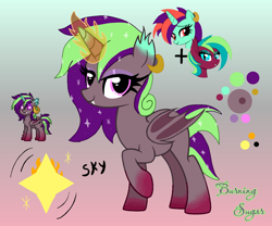 Size: 1800x1500 | Tagged: safe, artist:skycandy, imported from derpibooru, oc, oc only, oc:burning sugar, alicorn, bat pony, bat pony alicorn, pony, pony town, bat wings, cutie mark, fusion, fusion:oc:bitter soundflare, fusion:oc:skycandy, gradient background, horn, reference sheet, solo, wings