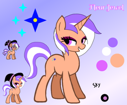 Size: 1800x1500 | Tagged: safe, artist:skycandy, imported from derpibooru, oc, oc only, oc:fleur jewel, pony, unicorn, pony town, cutie mark, female, gradient background, hat, horn, reference sheet, solo
