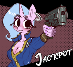 Size: 1140x1052 | Tagged: safe, artist:chiefywiffy, imported from derpibooru, oc, oc:chiefy, anthro, unicorn, anthro oc, breasts, cleavage, clothes, ear piercing, fallout, female, gun, horn, jumpsuit, mare, piercing, solo, vault suit, weapon