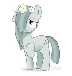 Size: 1392x1476 | Tagged: safe, artist:kamagi, imported from derpibooru, marble pie, earth pony, pony, blushing, female, floppy ears, floral head wreath, flower, looking up, mare, raised hoof, solo, standing
