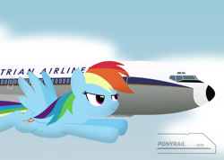 Size: 2000x1426 | Tagged: safe, artist:ponyrailartist, imported from derpibooru, rainbow dash, pegasus, pony, boeing, boeing 707, equestrian airlines, flying, plane, solo