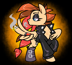 Size: 1100x1000 | Tagged: safe, artist:paperbagpony, imported from derpibooru, oc, pegasus, boots, cigarette, clothes, eyeshadow, jacket, lighter, makeup, pegasus oc, piercing, shoes, smoke, smoking, wing hands, wings