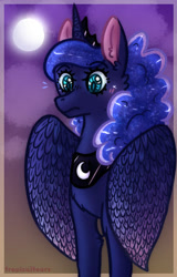 Size: 300x470 | Tagged: safe, artist:oxquio, imported from derpibooru, princess luna, alicorn, pony, 2020, cloud, crown, female, horn, jewelry, mare, moon, night, regalia, solo, wings