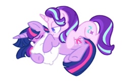 Size: 470x299 | Tagged: safe, artist:driftwoodpony, imported from derpibooru, starlight glimmer, twilight sparkle, pony, unicorn, blushing, duo, female, horn, lesbian, lying down, mare, pillow, shipping, simple background, twistarlight, white background