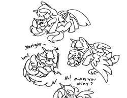 Size: 796x616 | Tagged: safe, artist:driftwoodpony, imported from derpibooru, starlight glimmer, twilight sparkle, alicorn, pony, unicorn, black and white, blushing, cuddling, dialogue, duo, female, grayscale, horn, lesbian, looking at each other, looking at someone, mare, monochrome, nuzzling, shipping, simple background, sketch, twilight sparkle (alicorn), twistarlight, white background