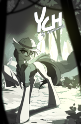 Size: 2610x4000 | Tagged: safe, artist:chamommile, imported from derpibooru, oc, oc only, pony, advertisement, any gender, any race, any species, commission, forest, full body, hat, jungle, long legs, nature, slender, solo, spine, standing pony, sunlight, thin, tree, your character here