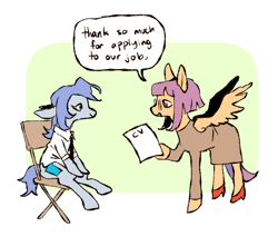 Size: 860x729 | Tagged: safe, artist:glumby, imported from derpibooru, part of a set, oc, oc only, earth pony, pegasus, pony, bangs, bobcut, chair, closed mouth, clothes, collared shirt, comic, dialogue, dress, duo, eye contact, feathered wings, female, floppy ears, full body, glasses, high heels, hoof hold, hoof shoes, job interview, long sleeves, looking at each other, looking at someone, mare, necktie, passepartout, raised hoof, red shoes, shirt, shoes, short mane, side view, sitting, smiling, smiling at each other, speech bubble, standing, wings