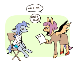 Size: 860x729 | Tagged: safe, artist:glumby, imported from derpibooru, part of a set, oc, oc only, earth pony, pegasus, pony, bangs, bobcut, chair, closed mouth, clothes, collared shirt, comic, dialogue, dress, duo, eye contact, feathered wings, female, floppy ears, full body, glasses, high heels, hoof hold, hoof shoes, job interview, long sleeves, looking at each other, looking at someone, mare, necktie, passepartout, raised hoof, red shoes, shirt, shoes, short hair, short mane, side view, sitting, smiling, smiling at someone, speech bubble, standing, wings