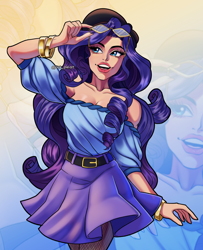 Size: 1280x1573 | Tagged: safe, artist:jack-pie, imported from derpibooru, rarity, human, bare shoulders, bracelet, breasts, busty rarity, cleavage, clothes, female, glasses, glasses on head, human coloration, humanized, jewelry, light skin, open mouth, open smile, skirt, smiling, solo, zoom layer