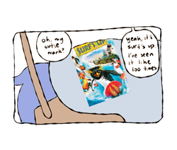 Size: 860x729 | Tagged: safe, artist:glumby, imported from derpibooru, part of a set, oc, oc only, pony, chair, close-up, comedy, comic, cutie mark, dialogue, passepartout, solo, speech bubble, surf's up, tail