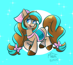 Size: 1348x1200 | Tagged: safe, artist:malcat, imported from derpibooru, horse, bandana, blue background, bow, cocoa (wild manes), female, gradient legs, gradient muzzle, hair bow, looking up, mare, open mouth, open smile, raised hooves, saddle, simple background, smiling, solo, sparkles, tack, tail, tail bow, wild manes