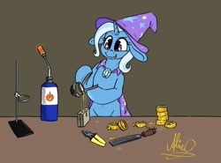 Size: 2097x1553 | Tagged: safe, artist:aliceg, imported from derpibooru, trixie, pony, unicorn, bipedal, cape, clothes, commission, concentrating, counterfeit, crime, female, file, forgery, hat, hoof hold, horn, mare, money, pliers, pouring, solo, tongue out, trixie's cape, trixie's hat