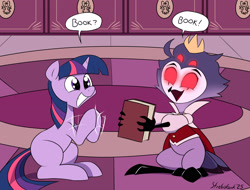 Size: 2687x2045 | Tagged: safe, artist:strebiskunk, imported from derpibooru, twilight sparkle, demon, pony, unicorn, book, bookhorse, clapping, crossover, dialogue, duo, female, grin, hellaverse, hellborn, helluva boss, high res, indoors, mare, missing cutie mark, smiling, speech bubble, stolas (helluva boss), unicorn twilight