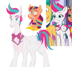 Size: 1413x1330 | Tagged: safe, artist:sparjechkaa, imported from derpibooru, hitch trailblazer, sunny starscout, zipp storm, earth pony, pegasus, pony, blushing, bowtie, clothes, duo focus, female, g5, lesbian, looking at someone, male, mane stripe sunny, mare, my little pony: tell your tale, screencap reference, shipping, simple background, stallion, sunnystorm, white background