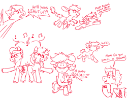 Size: 1400x1080 | Tagged: safe, artist:fuckomcfuck, imported from derpibooru, oc, oc only, oc:apogee (fucko), oc:baby dino, oc:doodles, oc:half baked, oc:harmony, oc:hot shot, oc:lil rascal, oc:october flight, oc:scribbles, draconequus, dragon, earth pony, pegasus, pony, unicorn, horn, parent:discord, parent:oc:donut daydream, parent:oc:doodles, parent:oc:joystick, parent:oc:rat, parent:sunset shimmer, parent:svengallop