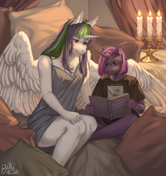 Size: 3766x3969 | Tagged: safe, artist:pikinas13, imported from derpibooru, oc, oc only, oc:rendy dask, oc:sally whitesnow, alicorn, anthro, unicorn, book, candle, clothes, horn, nightgown, pillow