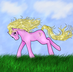 Size: 570x560 | Tagged: safe, artist:mooseysdoom, imported from derpibooru, earth pony, pony, cloud, female, g3, grass, mare, outdoors, solo, wing song