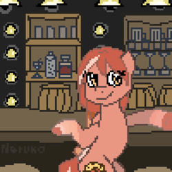 Size: 4000x4000 | Tagged: safe, artist:wrath-marionphauna, imported from derpibooru, oc, oc:peach whizz, alcohol, bar, barrel, digital art, glass, liquor, pixel art, solo
