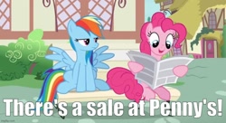 Size: 916x500 | Tagged: safe, imported from derpibooru, screencap, pinkie pie, rainbow dash, daring done?, airplane!, caption, image macro, imgflip, movie reference, my little pony, newspaper, text