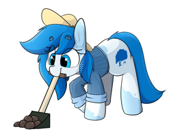Size: 1346x1090 | Tagged: safe, artist:chaosllama, imported from derpibooru, oc, oc only, oc:fallen oakley, earth pony, pony, bent over, blue body, blue eyes, blue mane, blue pony, clothes, cutie mark, ears up, eyelashes, hat, mouth hold, shirt, shovel, solo, sweater