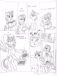 Size: 1944x2592 | Tagged: safe, artist:gallus, imported from derpibooru, twilight sparkle, alicorn, earth pony, pony, 6 panel comic, angry, angry horse noises, beaten up, bipedal, blank book, comic, confused, descriptive noise, drawthread, female, glowing, glowing horn, going crazy, horn, horse noises, magic, male, mare, misunderstanding, monochrome, requested art, sitting, sparking horn, stallion, stationery, telekinesis, twilight sparkle (alicorn), walking