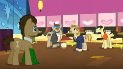 Size: 800x450 | Tagged: safe, edit, edited screencap, imported from derpibooru, screencap, colter sobchak, doctor whooves, jeff letrotski, theodore donald "donny" kerabatsos, time turner, earth pony, pony, season 5, slice of life (episode), animated, background pony, blinking, butt, cute, frown, gif, loop, male, my little pony, plot, stallion, talking