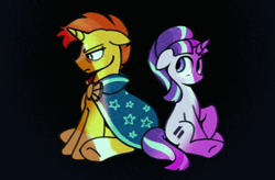 Size: 500x328 | Tagged: safe, artist:driftwoodpony, imported from derpibooru, starlight glimmer, sunburst, pony, unicorn, black background, blaze (coat marking), cloak, closed mouth, clothes, coat markings, dark, dark background, duo, duo male and female, equal cutie mark, eyebrows, facial markings, female, floppy ears, frown, full body, horn, light, looking at someone, looking sideways, lowres, male, mare, no mouth, raised hoof, side view, simple background, sitting, socks (coat markings), stallion, sunburst's cloak, three quarter view, underhoof, younger