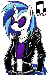 Size: 518x813 | Tagged: safe, artist:emichaca, imported from derpibooru, dj pon-3, vinyl scratch, anthro, 2012, artifact, belly, belly button, female, simple background, solo, white background