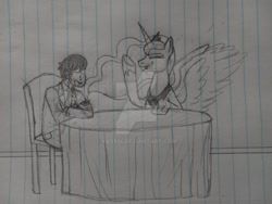 Size: 1032x774 | Tagged: safe, artist:xbox14, imported from derpibooru, princess luna, oc, oc:anon, alicorn, human, pony, deviantart watermark, drawing, obtrusive watermark, pencil drawing, traditional art, watermark