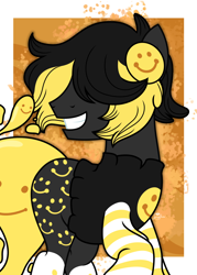 Size: 1374x1920 | Tagged: safe, artist:lovinglypromise, imported from derpibooru, oc, earth pony, pony, bangs, black and yellow, covering eyes, male, smiley face, smiling, solo, stallion