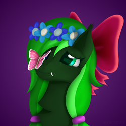 Size: 2000x2000 | Tagged: safe, artist:syntriax, imported from derpibooru, oc, oc only, oc:boopers, bat pony, butterfly, pony, bow, female, flower petals, green pony, hair bow, hairband, high res, mare, multicolored mane, solo