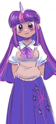 Size: 904x1991 | Tagged: safe, artist:aipiepo, imported from derpibooru, twilight sparkle, human, aliasing, blush lines, blushing, bow, closed mouth, clothes, cutie mark, cutie mark on clothes, eyebrows, eyebrows visible through hair, female, front view, hands behind back, horn, horned humanization, human coloration, humanized, long skirt, looking at you, neck bow, pleated skirt, shirt, short sleeves, simple background, skirt, smiling, smiling at you, solo, sweater vest, white background