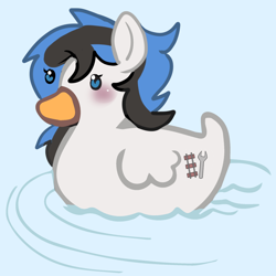 Size: 1000x1000 | Tagged: safe, artist:anykoe, imported from derpibooru, oc, oc:kezzie, bird, duck, pony, behaving like a duck, blue eyes, blushing, commission, cute, female, quackerdorable, simple background, solo, two toned mane, water, ych result, your character here