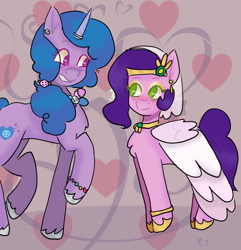 Size: 732x759 | Tagged: safe, artist:gokuostrich, imported from derpibooru, izzy moonbow, pipp petals, pegasus, pony, unicorn, abstract background, blushing, duo, duo female, female, g5, horn, lesbian, looking at each other, looking at someone, mare, moonpetals, shipping