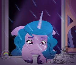 Size: 812x691 | Tagged: safe, artist:reafelice14, imported from derpibooru, izzy moonbow, pony, unicorn, crying, female, g5, horn, mare, rain, sad, solo, window