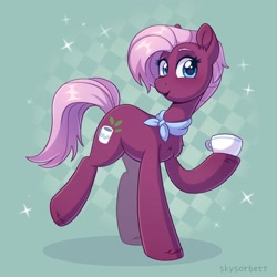 Size: 2000x2000 | Tagged: safe, artist:skysorbett, imported from derpibooru, jasmine leaf, earth pony, pony, abstract background, background pony, cup, female, looking at you, mare, solo, teacup