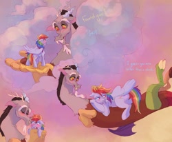 Size: 1700x1400 | Tagged: safe, artist:abbytabbys, imported from derpibooru, discord, rainbow dash, draconequus, pegasus, pony, blushing, cheek kiss, dialogue, discodash, duo, duo male and female, embarrassed, female, floating heart, flying, heart, kissing, looking at each other, looking at someone, lying down, lying on top of someone, male, mare, prone, shipping, size difference, straight