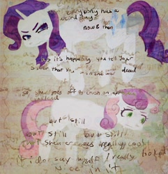 Size: 1971x2048 | Tagged: safe, artist:superdeformed, imported from derpibooru, rarity, sweetie belle, pony, unicorn, the incredibly expensive one of a kind crochet wool sweater song, angry, crying, duo, female, filly, foal, horn, lyrics, mare, siblings, sisters, text